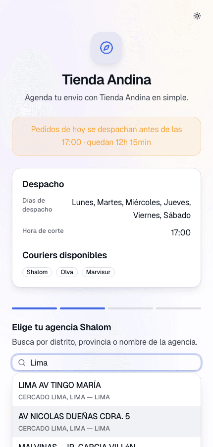 Form del cliente en /f/tu-tienda mostrando el buscador de agencias con resultados reales de Lima
